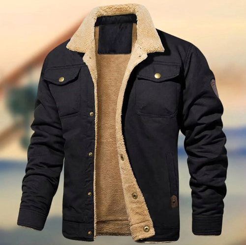 Aaron | Men's Sherpa Collar Button-Down Jacket, Relaxed Fit Autumn Jacket | Bella Blue | Black