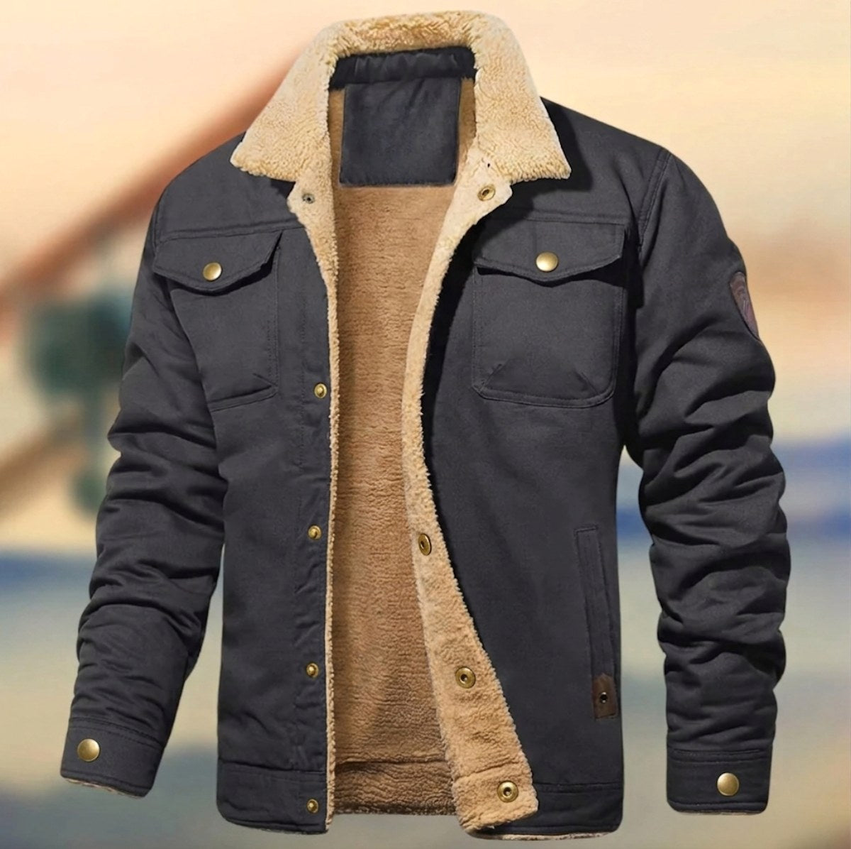 Aaron | Men's Sherpa Collar Button-Down Jacket, Relaxed Fit Autumn Jacket | Bella Blue | Gray