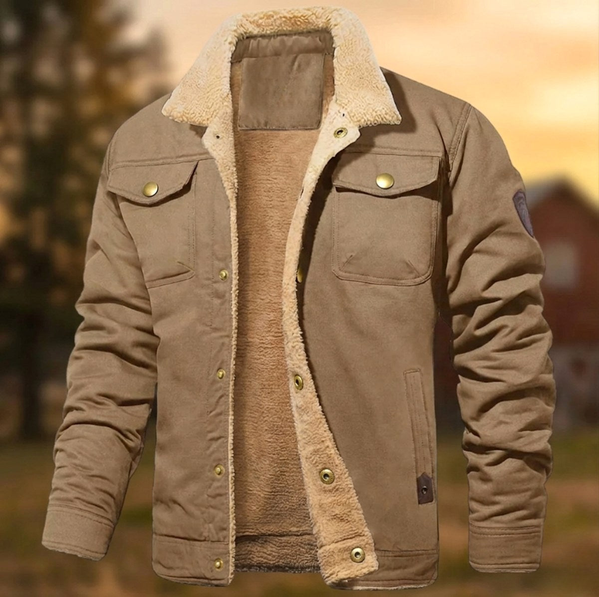 Aaron | Men's Sherpa Collar Button-Down Jacket, Relaxed Fit Autumn Jacket | Bella Blue | Beige