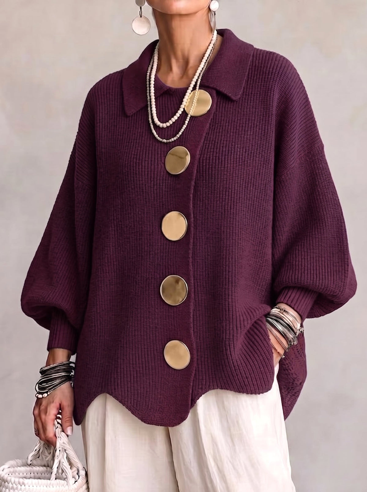 Abigail | Women's Oversized Cardigan with Collar and Large Buttons, Relaxed-Fit Cardigan | Bella Blue