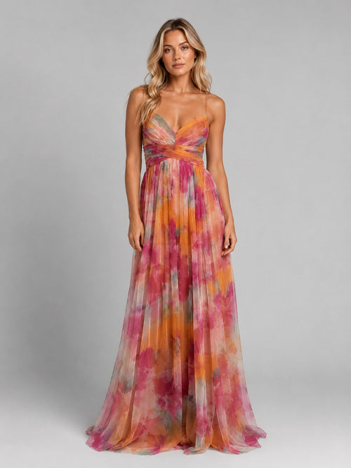 Ada | Women's Floral V-Neck Maxi Dress, Flowing Silhouette Evening Dress | Bella Blue | Orange