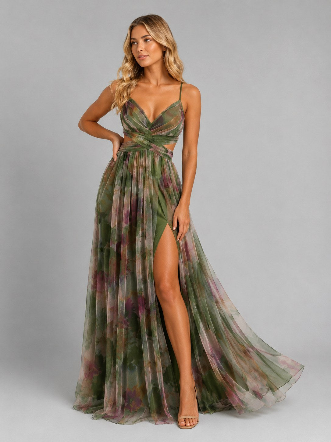 Ada | Women's Floral V-Neck Maxi Dress, Flowing Silhouette Evening Dress | Bella Blue | Purple