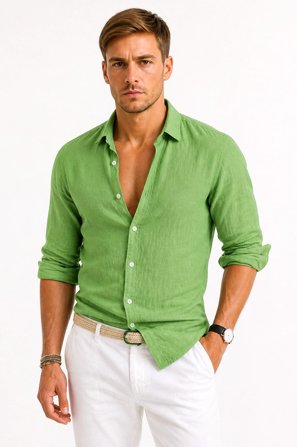 Adam | Men's Linen Oxford Shirt with Rolled Sleeves, Button-Down Casual Shirt | Bella Blue | Green