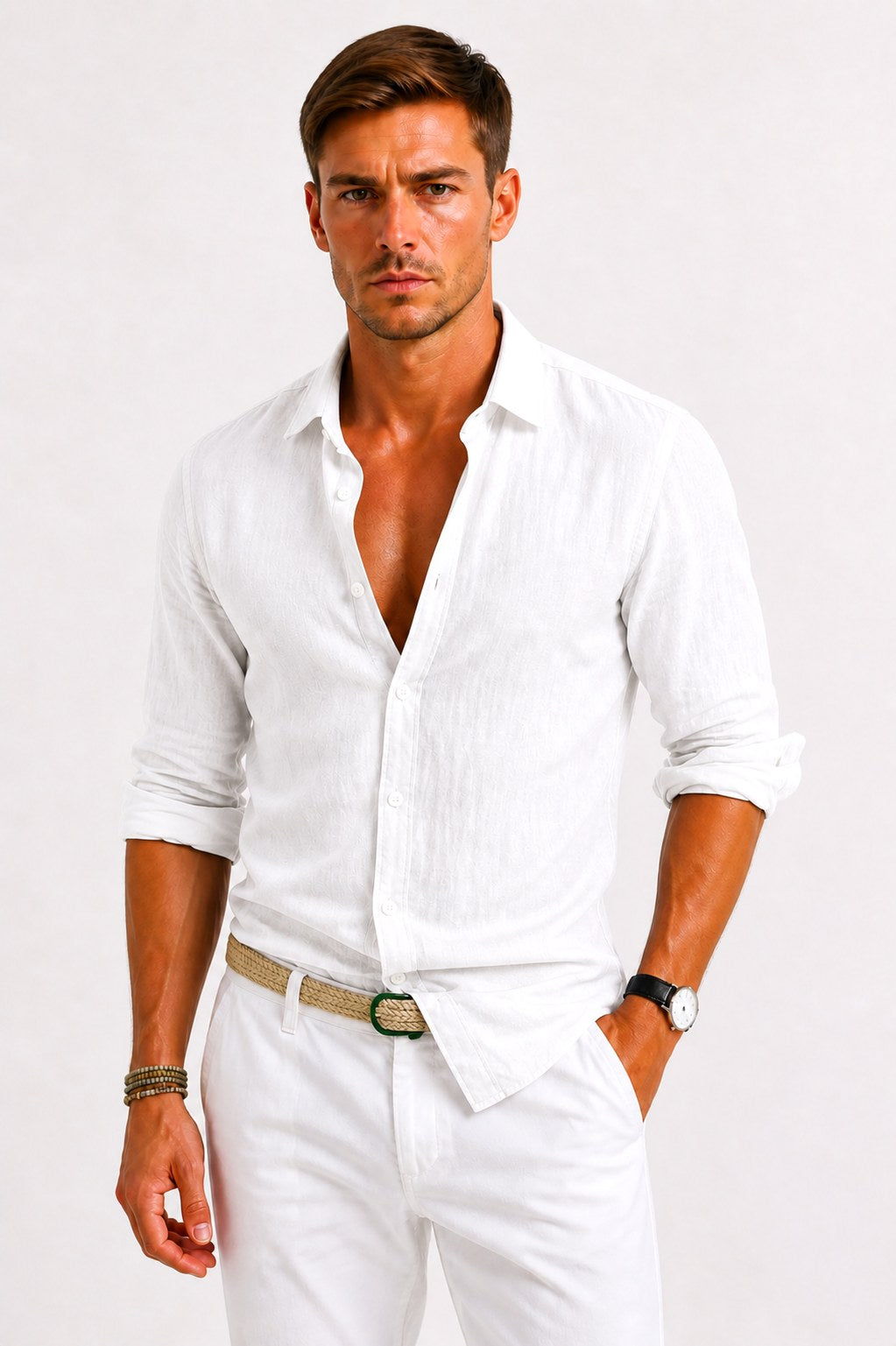 Adam | Men's Linen Oxford Shirt with Rolled Sleeves, Button-Down Casual Shirt | Bella Blue | White