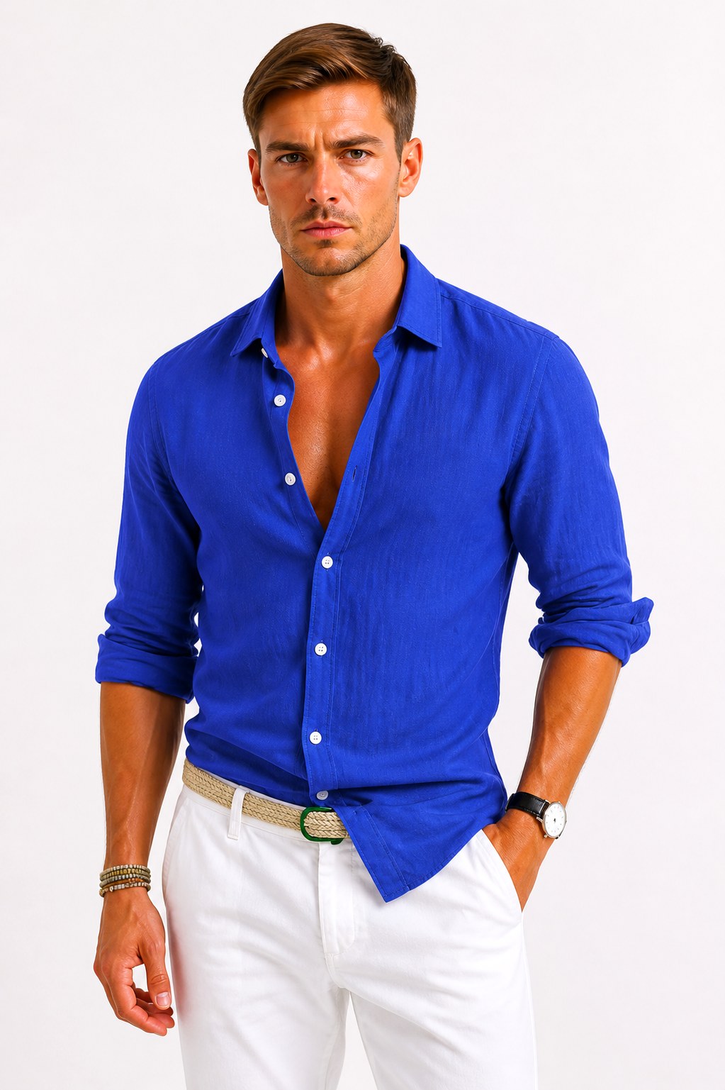 Adam | Men's Linen Oxford Shirt with Rolled Sleeves, Button-Down Casual Shirt | Bella Blue | Beige