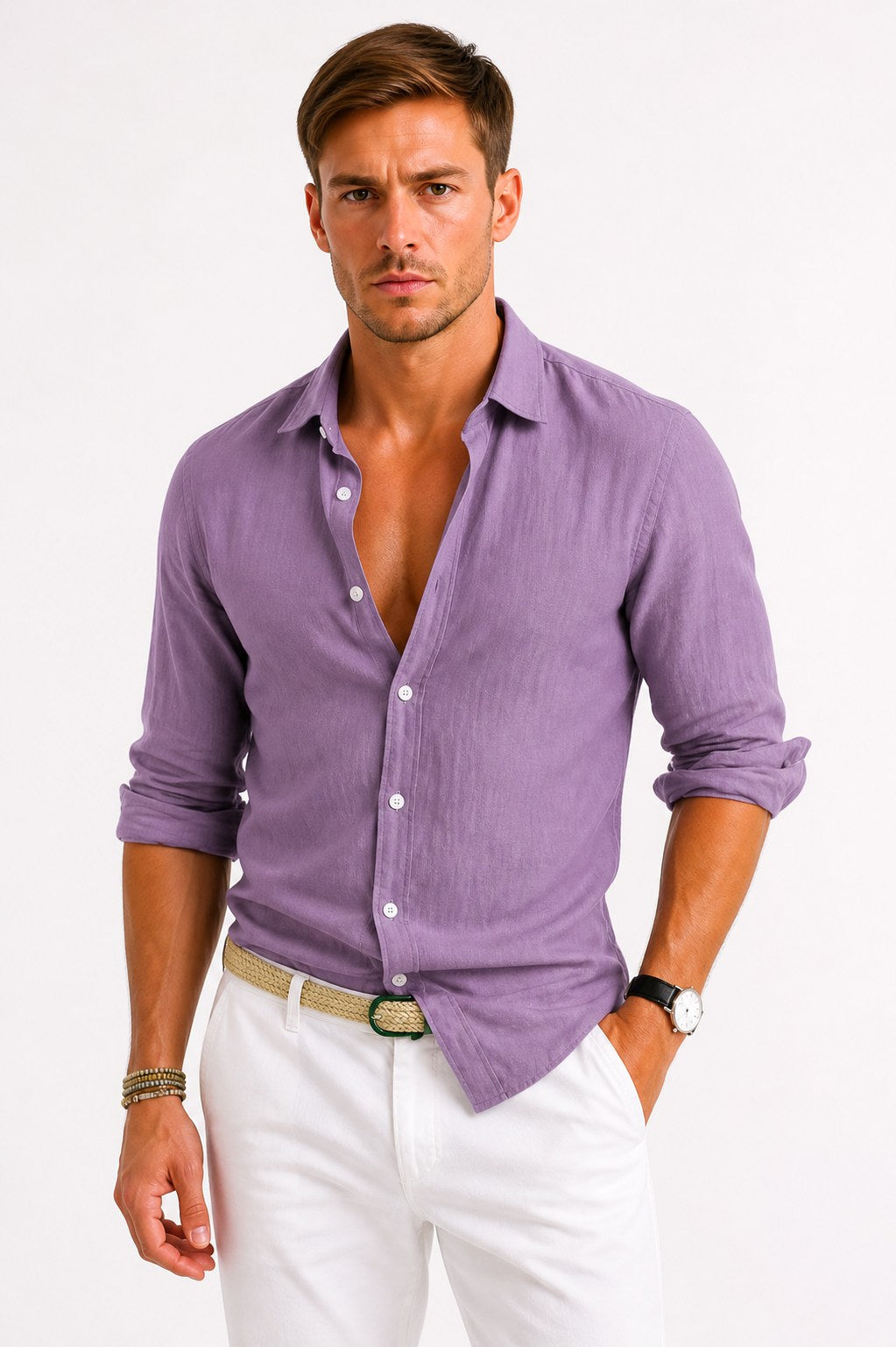 Adam | Men's Linen Oxford Shirt with Rolled Sleeves, Button-Down Casual Shirt | Bella Blue | Blue