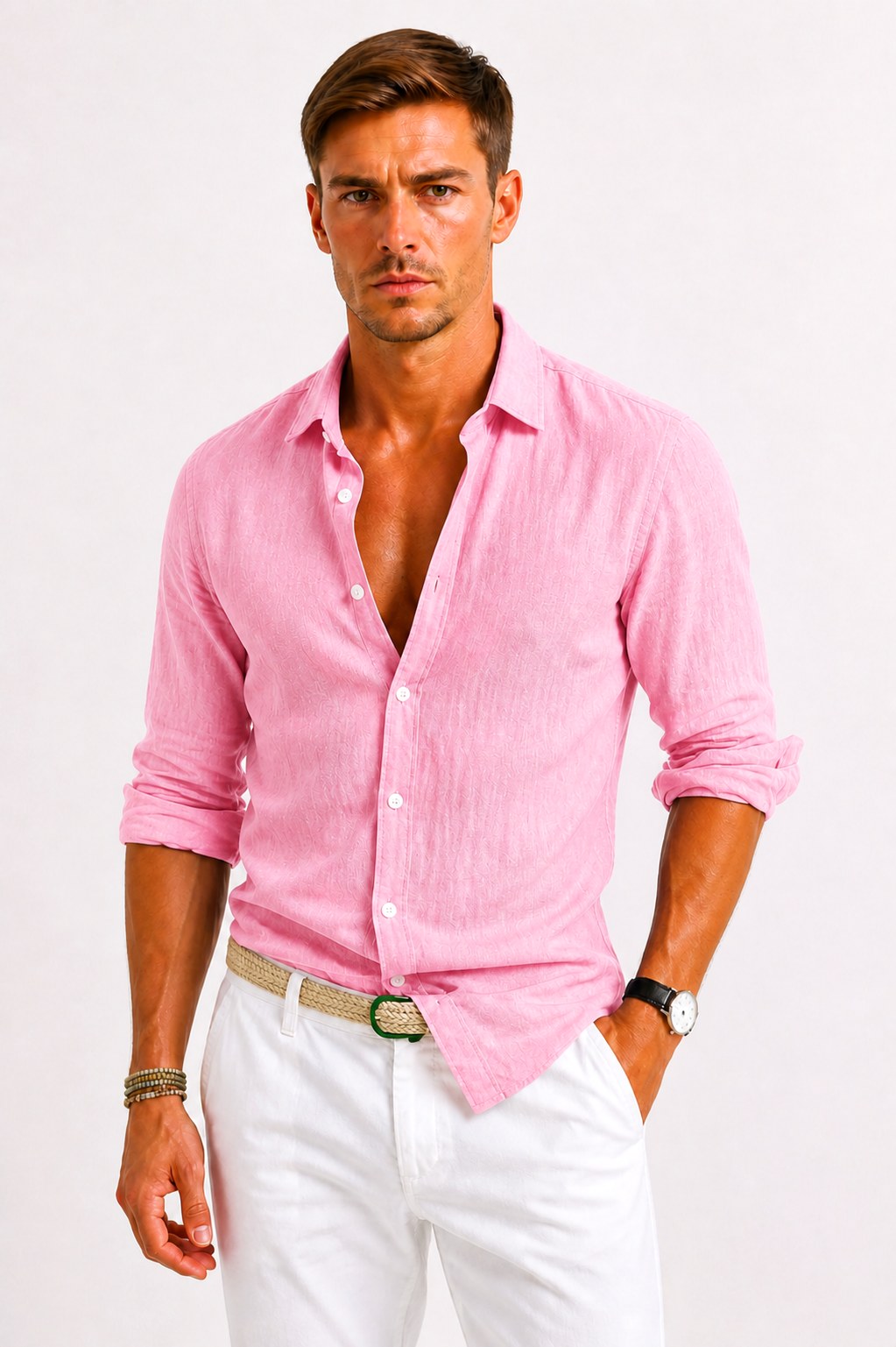 Adam | Men's Linen Oxford Shirt with Rolled Sleeves, Button-Down Casual Shirt | Bella Blue | Purple