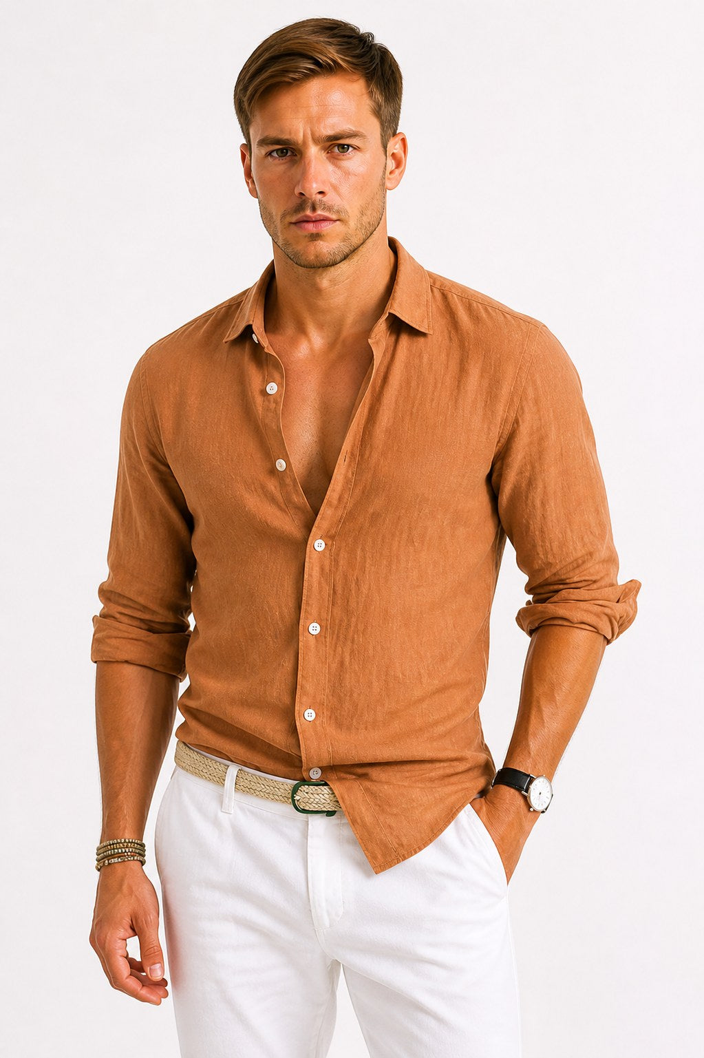 Adam | Men's Linen Oxford Shirt with Rolled Sleeves, Button-Down Casual Shirt | Bella Blue | Brown