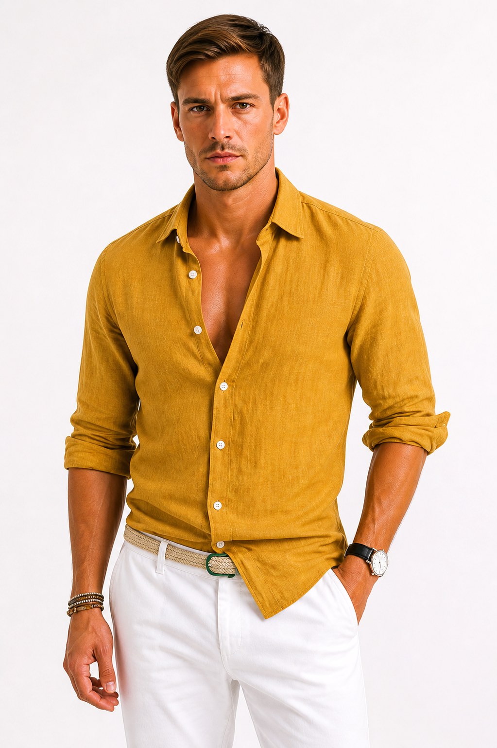 Adam | Men's Linen Oxford Shirt with Rolled Sleeves, Button-Down Casual Shirt | Bella Blue | Mustard
