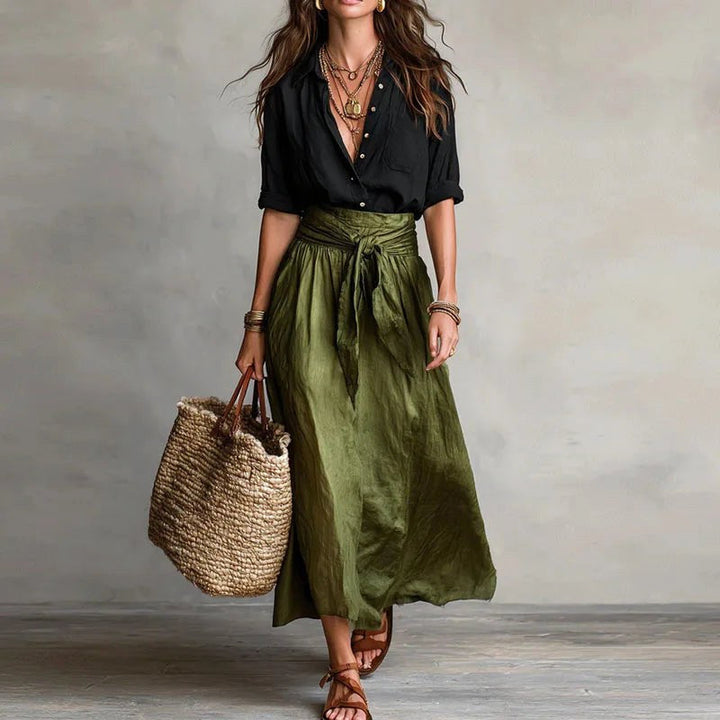 Addison | Women's Linen Two-Piece Set - Black Green