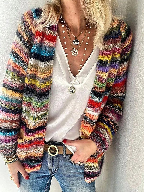 Adele | Women's Open Front Striped Knit Cardigan, Long Sleeve Layering Cardigan | Bella Blue | Multi