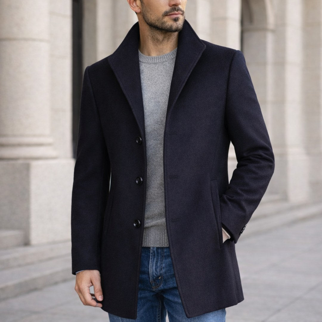 Aiden | Men's Long Winter Coat with Classic Tailoring, Refined Autumn Coat | Bella Blue | Navy Blue
