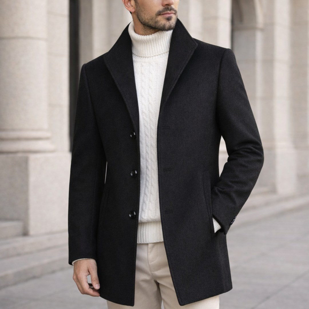 Aiden | Men's Long Winter Coat with Classic Tailoring, Refined Autumn Coat | Bella Blue | Black