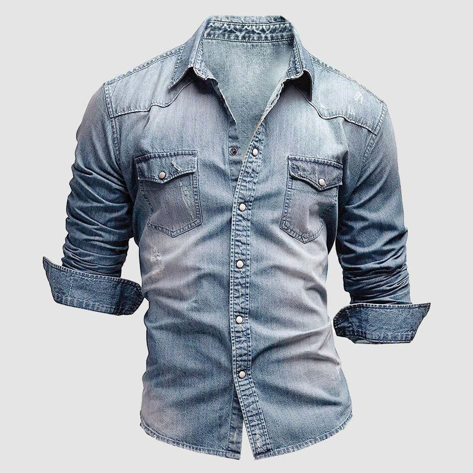 Alexander | Men's Long-Sleeve Denim Shirt with Vintage Used Look, Long-Sleeve Denim Shirt | Bella Blue | Light Blue