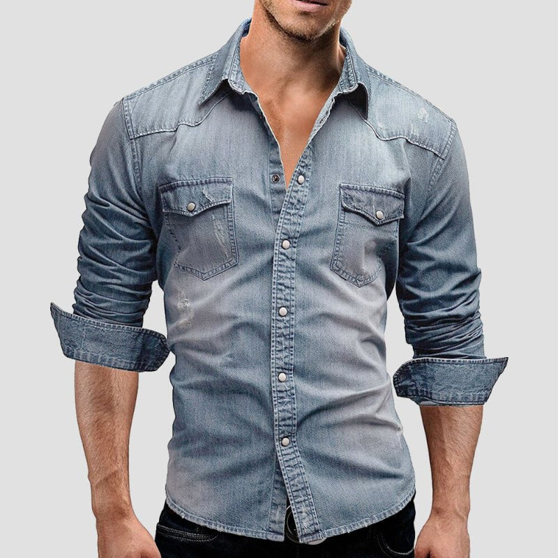Alexander | Men's Long-Sleeve Denim Shirt with Vintage Used Look, Long-Sleeve Denim Shirt | Bella Blue | Light Blue