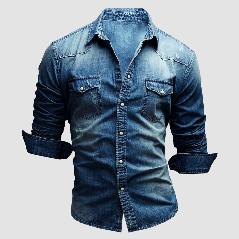 Alexander | Men's Long-Sleeve Denim Shirt with Vintage Used Look, Long-Sleeve Denim Shirt | Bella Blue | Light Blue