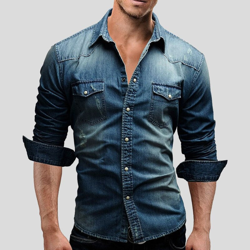 Alexander | Men's Long-Sleeve Denim Shirt with Vintage Used Look, Long-Sleeve Denim Shirt | Bella Blue | Light Blue