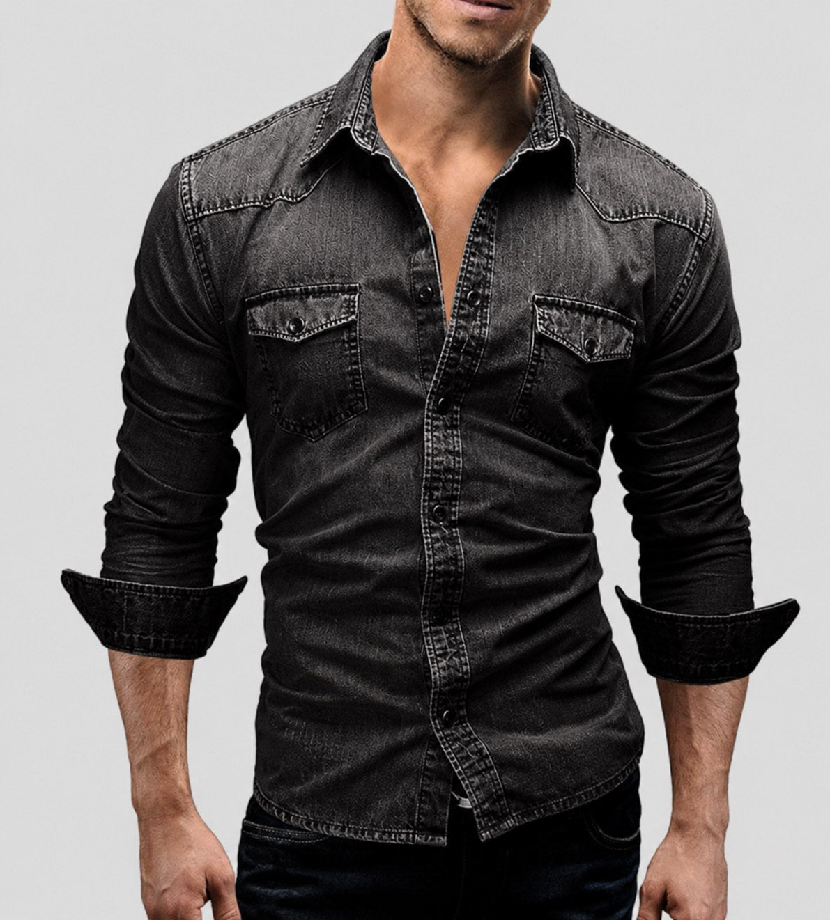 Alexander | Men's Long-Sleeve Denim Shirt with Vintage Used Look, Long-Sleeve Denim Shirt | Bella Blue | Dark Blue
