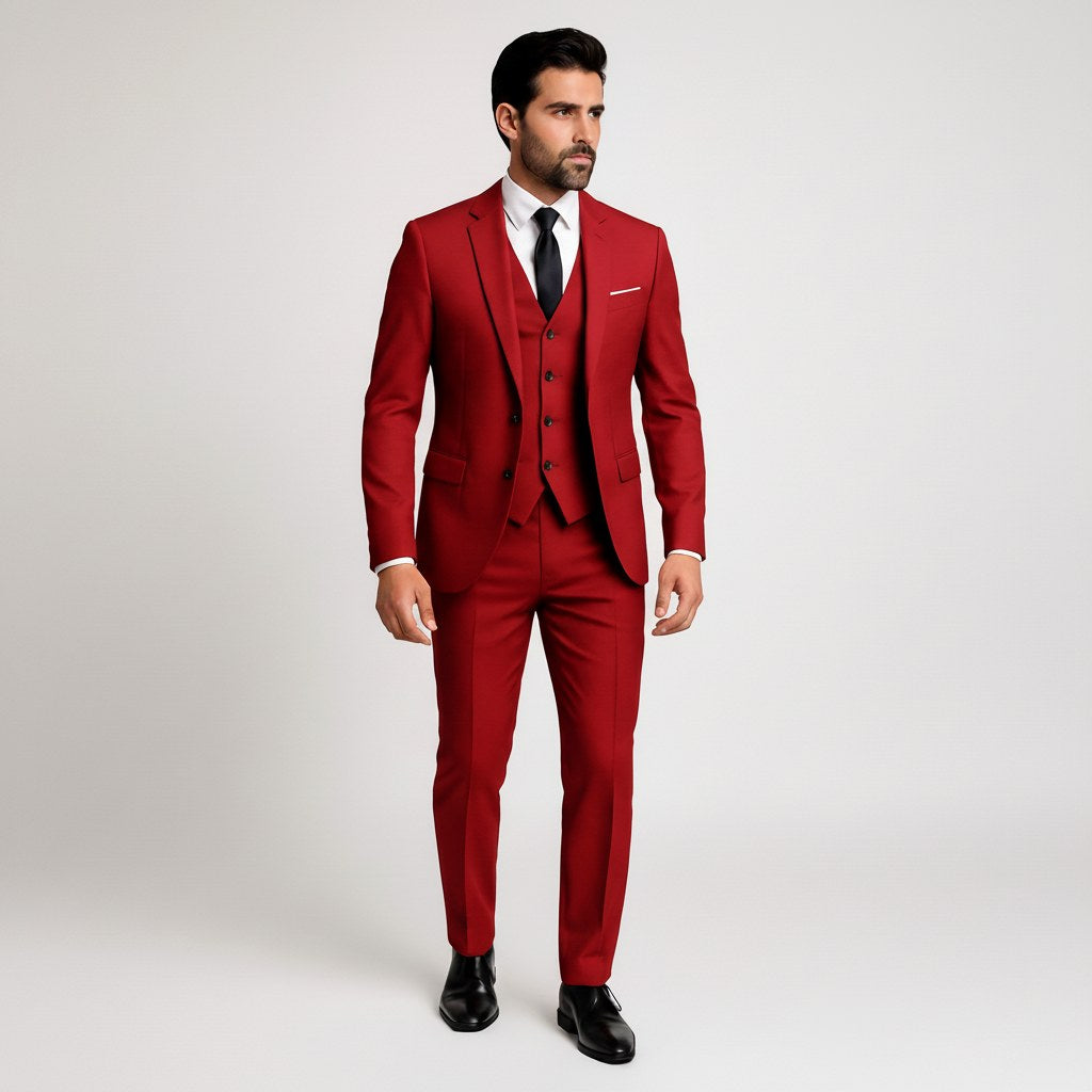 Alexander | Men's Three-Piece Suit with Waistcoat Formal, Elegant Suit Set | Bella Blue | Pomegranate Red