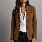 Amandine | Women's Suede Blazer with Notch Lapel, Patch Pocket Jacket | Bella Blue | Brown