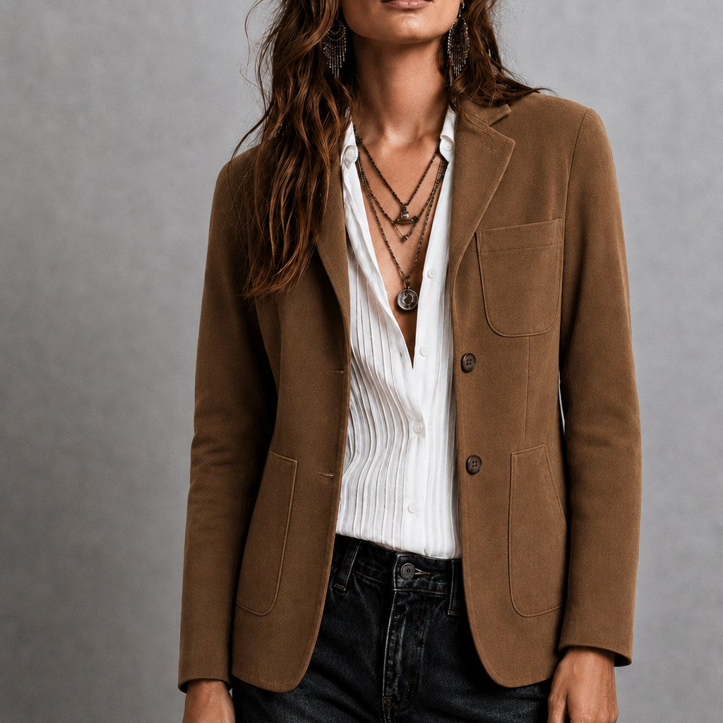 Amandine | Women's Suede Blazer with Notch Lapel, Patch Pocket Jacket | Bella Blue | Brown