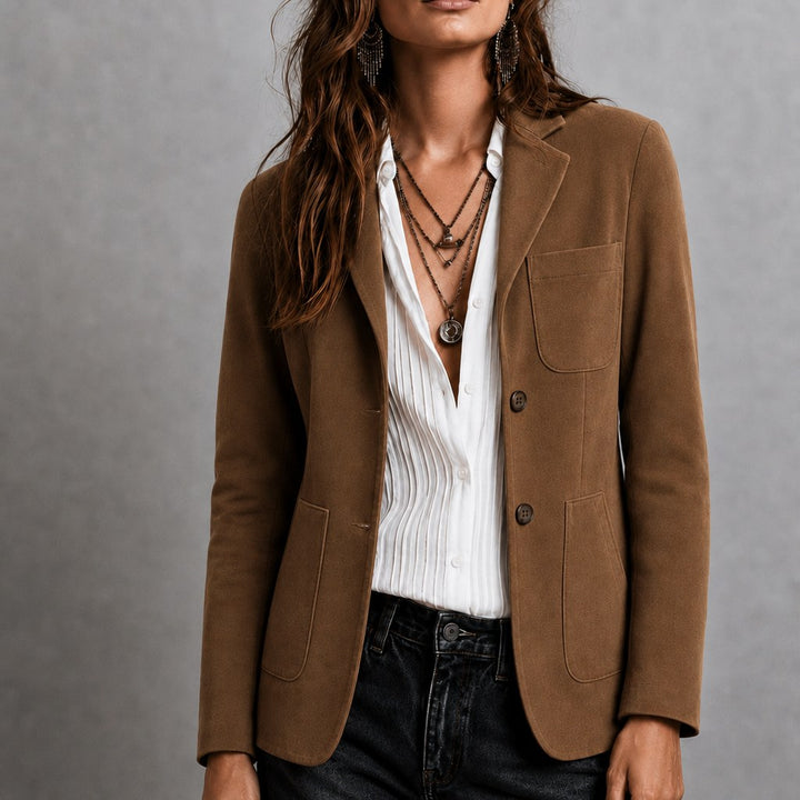 Amandine | Women's Suede Blazer with Notch Lapel, Patch Pocket Jacket | Bella Blue | Brown