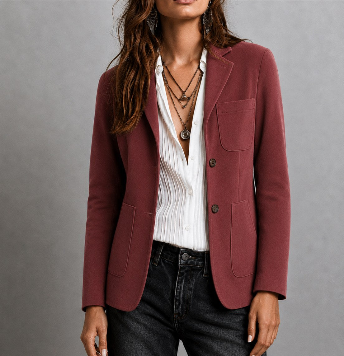 Amandine | Women's Suede Blazer with Notch Lapel, Patch Pocket Jacket | Bella Blue | Red