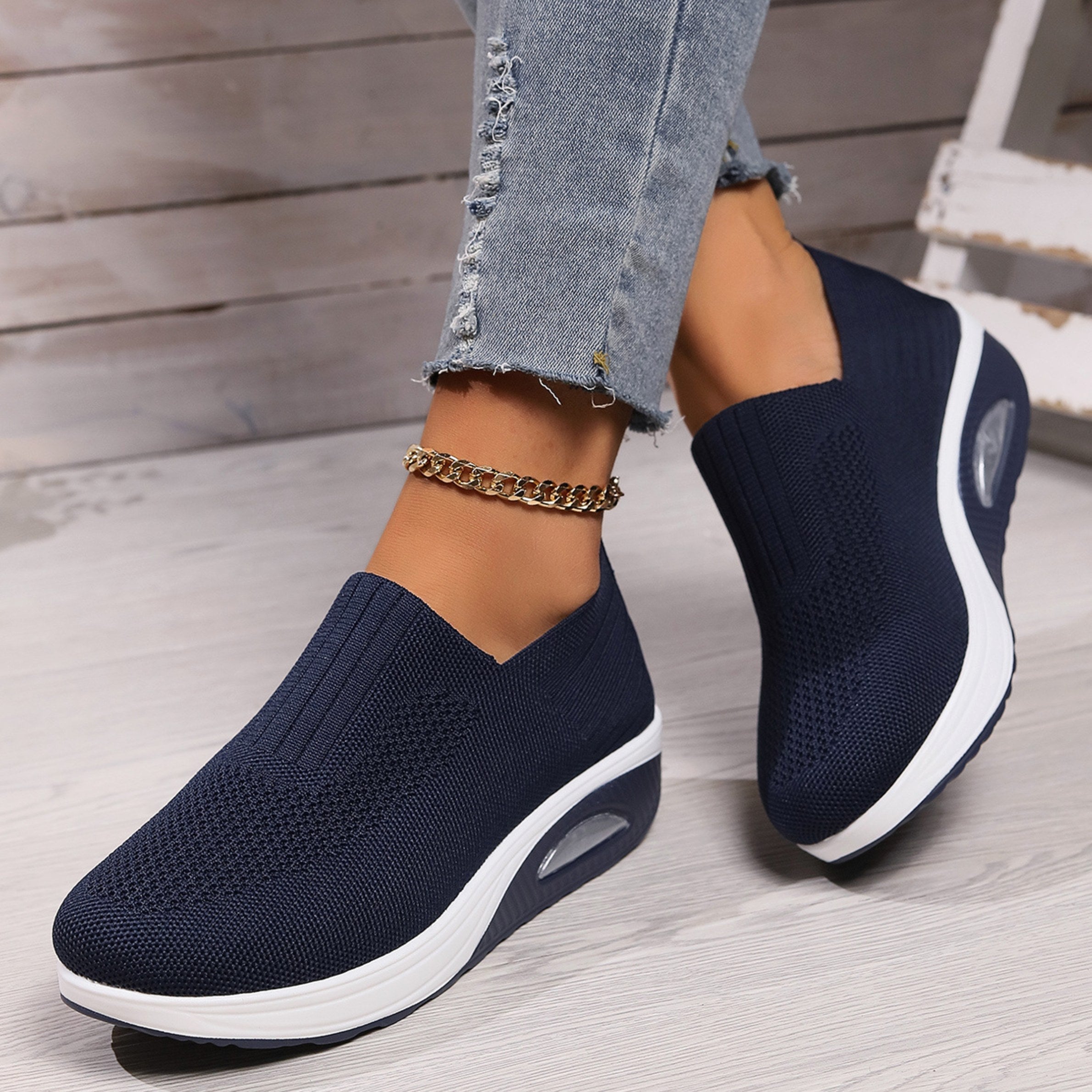 Amelie | Women's Cushioned Slip-On Shoes, Orthopaedic Comfort Shoes | Bella Blue | Black