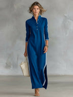 Amelie | Women's Collar Sweatshirt Maxi Dress, Button-Down Midi Dress | Bella Blue