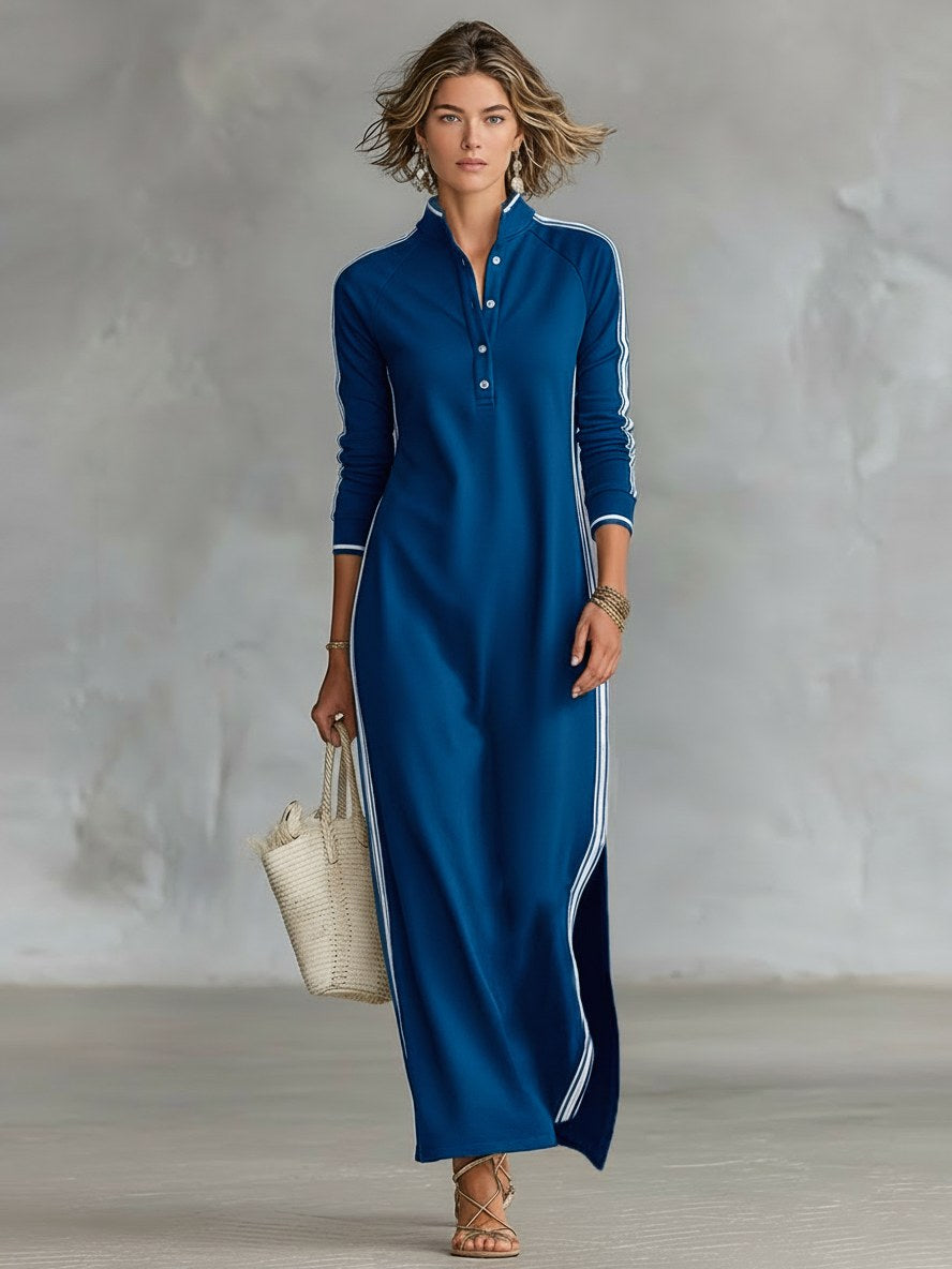 Amelie | Women's Collar Sweatshirt Maxi Dress, Button-Down Midi Dress | Bella Blue