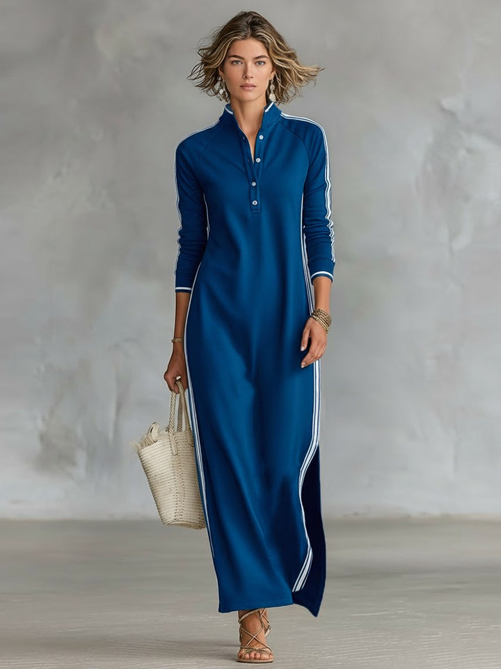 Amelie | Women's Collar Sweatshirt Maxi Dress, Button-Down Midi Dress | Bella Blue