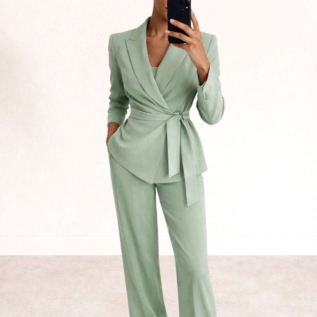 Amelie | Women's Tailored Tie-Waist Blazer Suit Set, Structured Two-Piece Trousers | Bella Blue