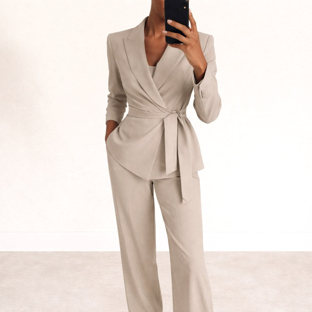 Amelie | Women's Tailored Tie-Waist Blazer Suit Set, Structured Two-Piece Trousers | Bella Blue