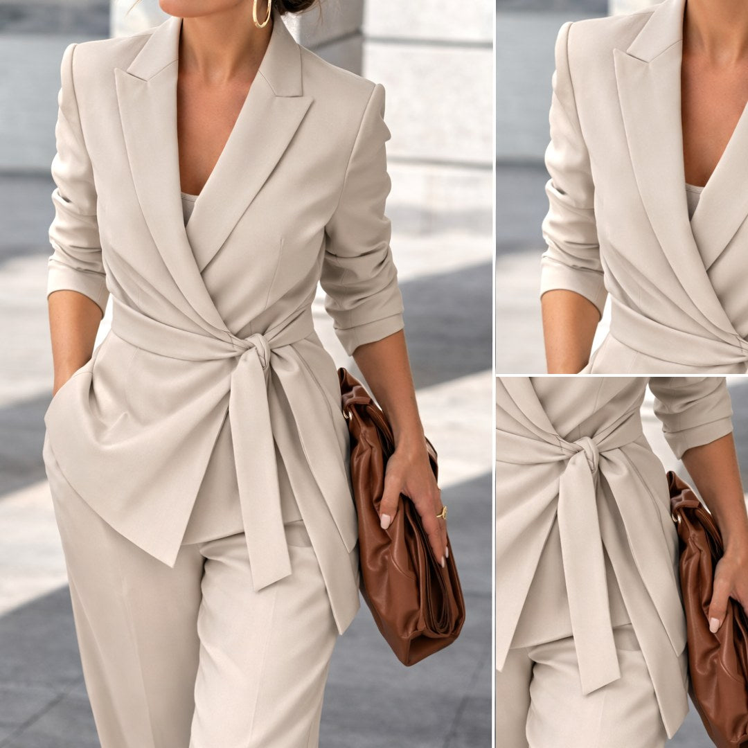 Amelie | Women's Tailored Tie-Waist Blazer Suit Set, Structured Two-Piece Trousers | Bella Blue