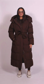 Annabelle | Women's Long Quilted Winter Coat, Tailored Fitted Jacket | Bella Blue | Brown