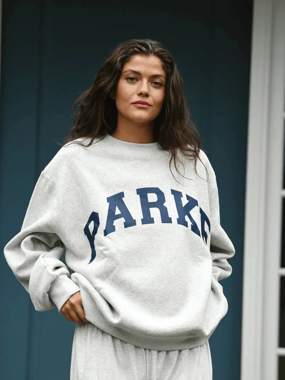 Annabelle | Women's Oversized Varsity Sweatshirt, Chenille Lettering Crewneck Jumper | Bella Blue