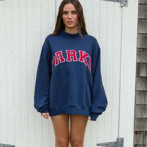 Annabelle | Women's Oversized Varsity Sweatshirt, Chenille Lettering Crewneck Jumper | Bella Blue