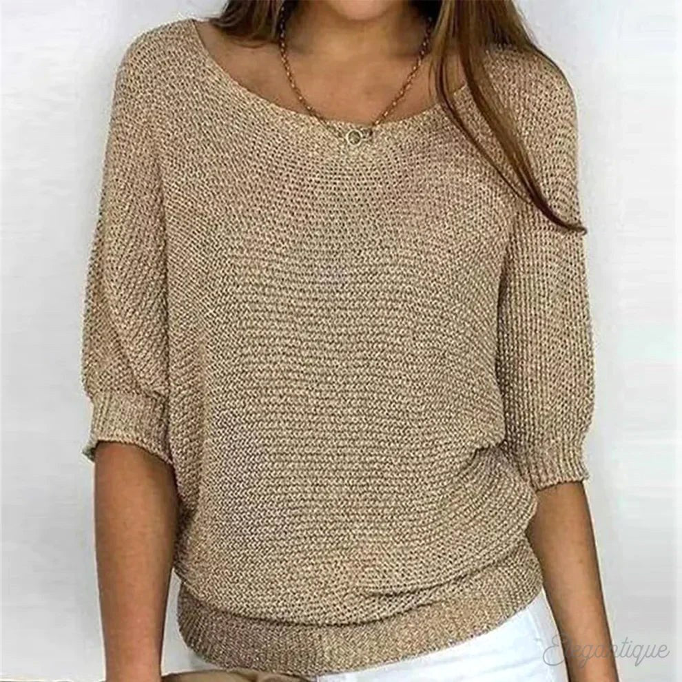 Annelie | Women's V-Neck Half-Sleeve Jumper, Lightweight Knit Jumper | Bella Blue | Beige