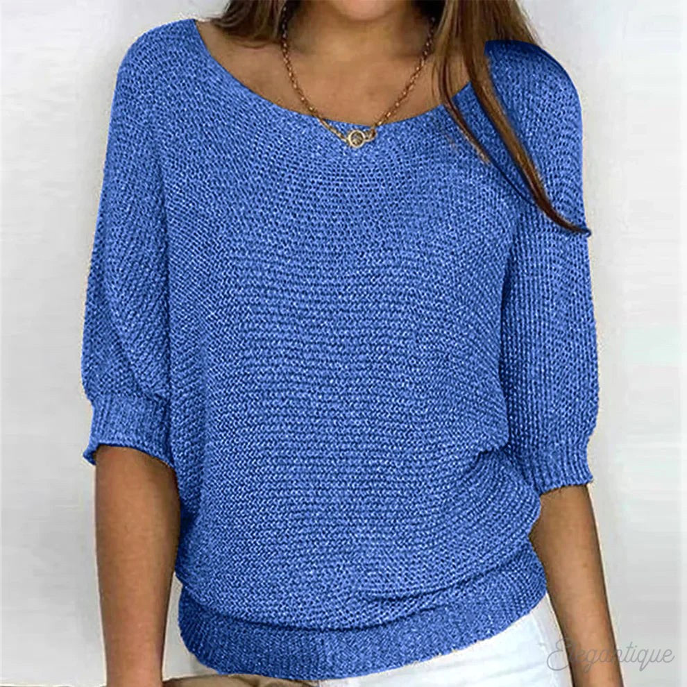 Annelie | Women's V-Neck Half-Sleeve Jumper, Lightweight Knit Jumper | Bella Blue | Beige