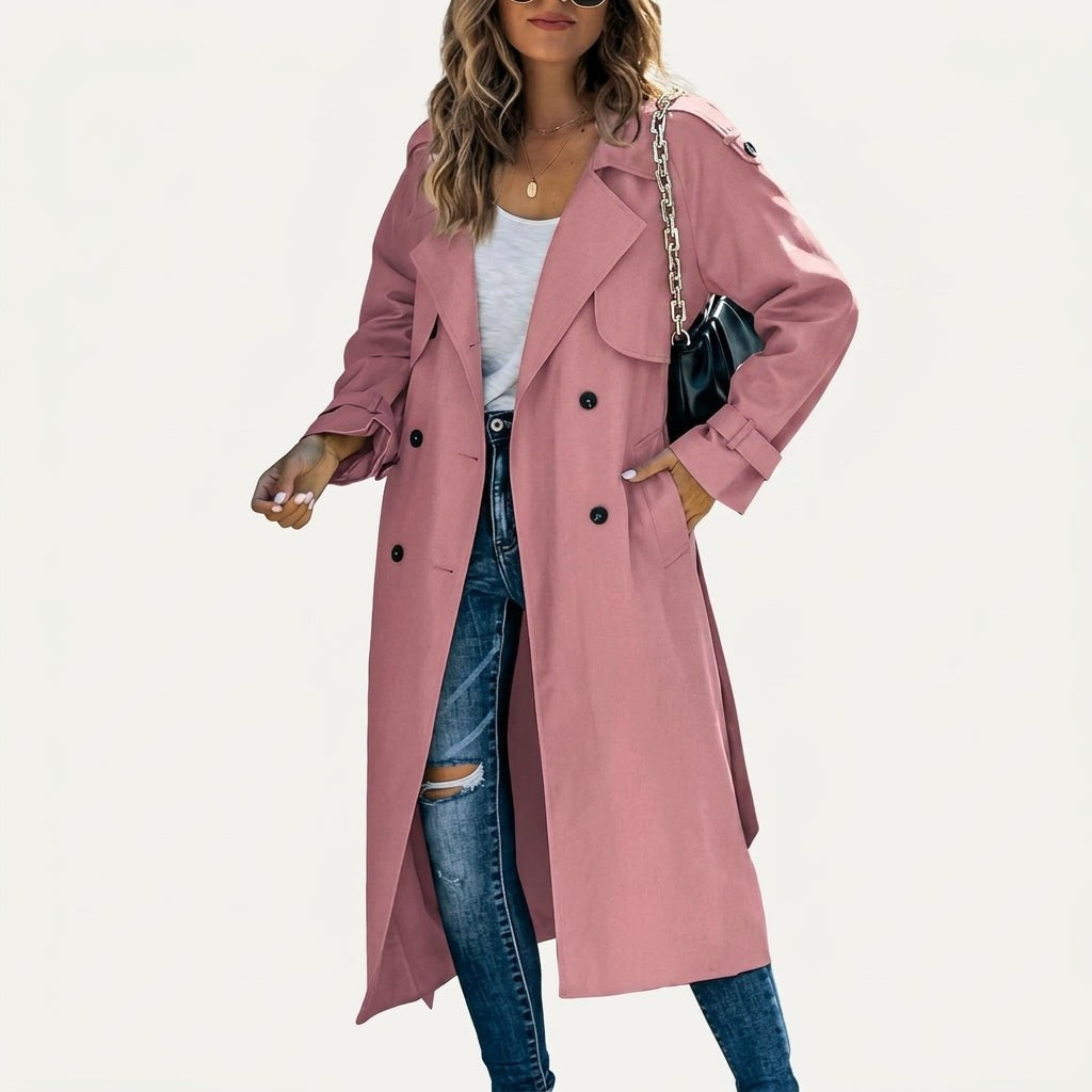 Anouk | Women's Long Trench Coat, Classic Double-Breasted Coat | Bella Blue