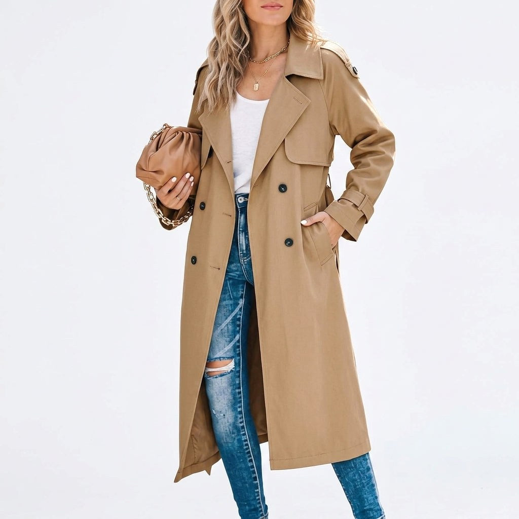 Anouk | Women's Long Trench Coat, Classic Double-Breasted Coat | Bella Blue
