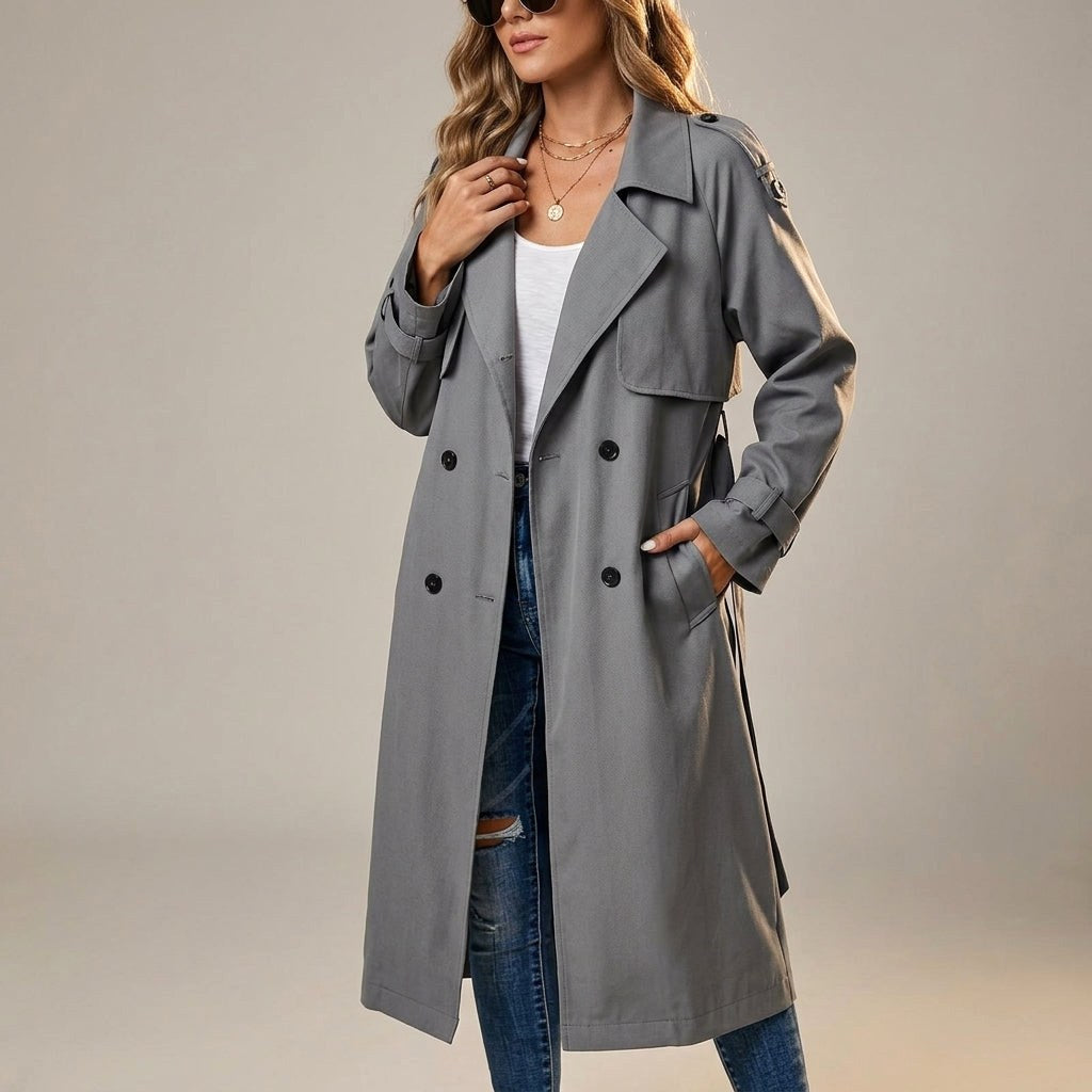 Anouk | Women's Long Trench Coat, Classic Double-Breasted Coat | Bella Blue