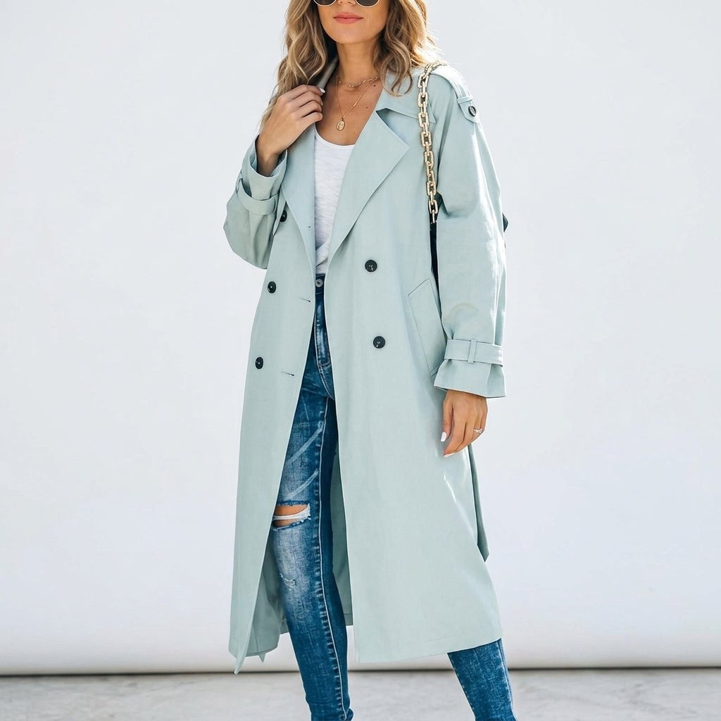 Anouk | Women's Long Trench Coat, Classic Double-Breasted Coat | Bella Blue