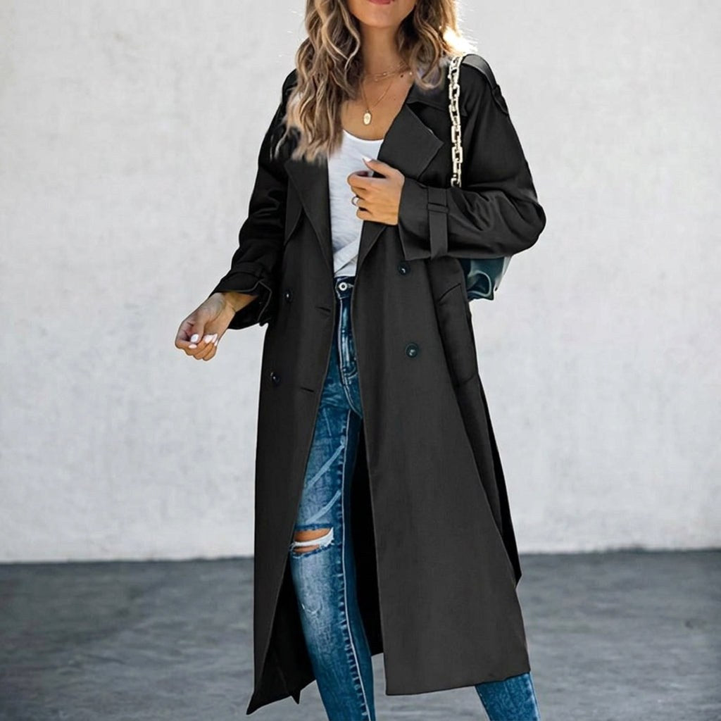 Anouk | Women's Long Trench Coat, Classic Double-Breasted Coat | Bella Blue