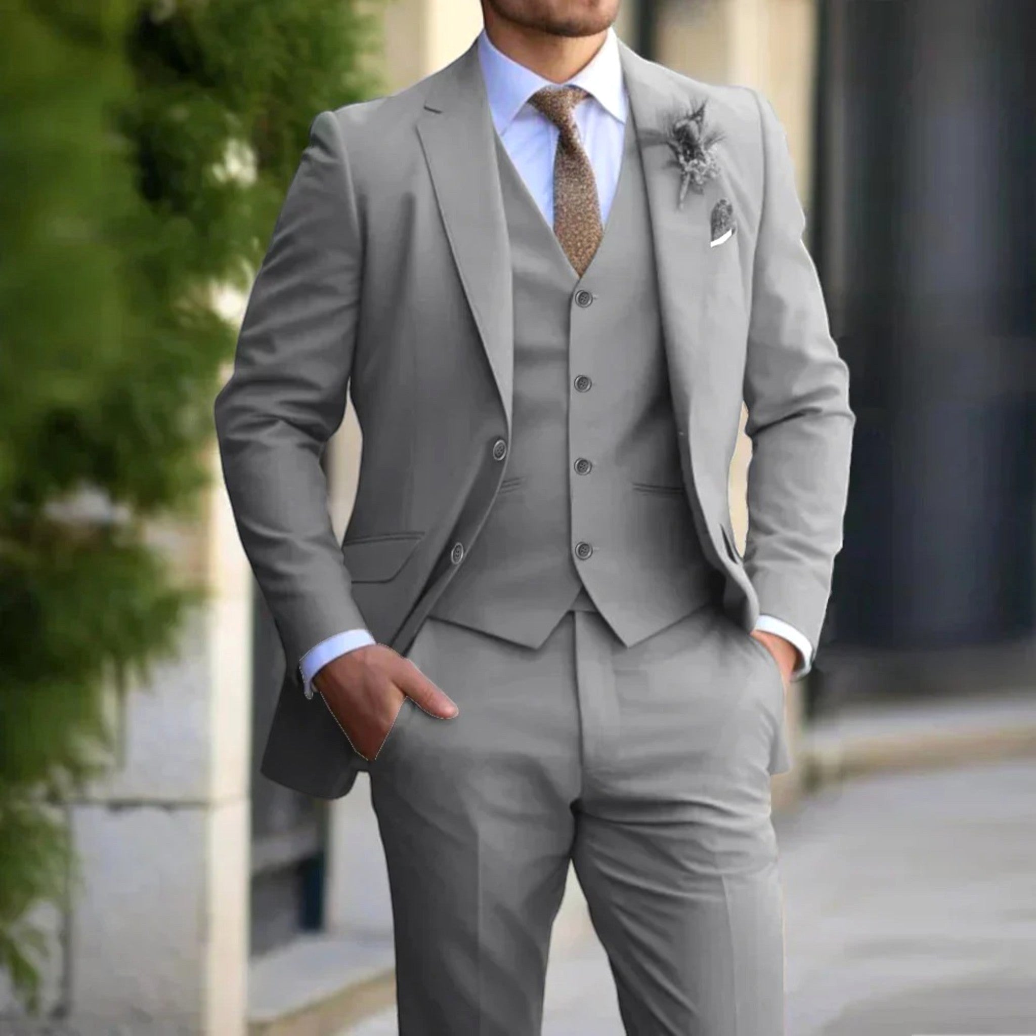 Anton | Men's Slim Fit Suit with Waistcoat, Three-Piece Suit | Bella Blue | Beige