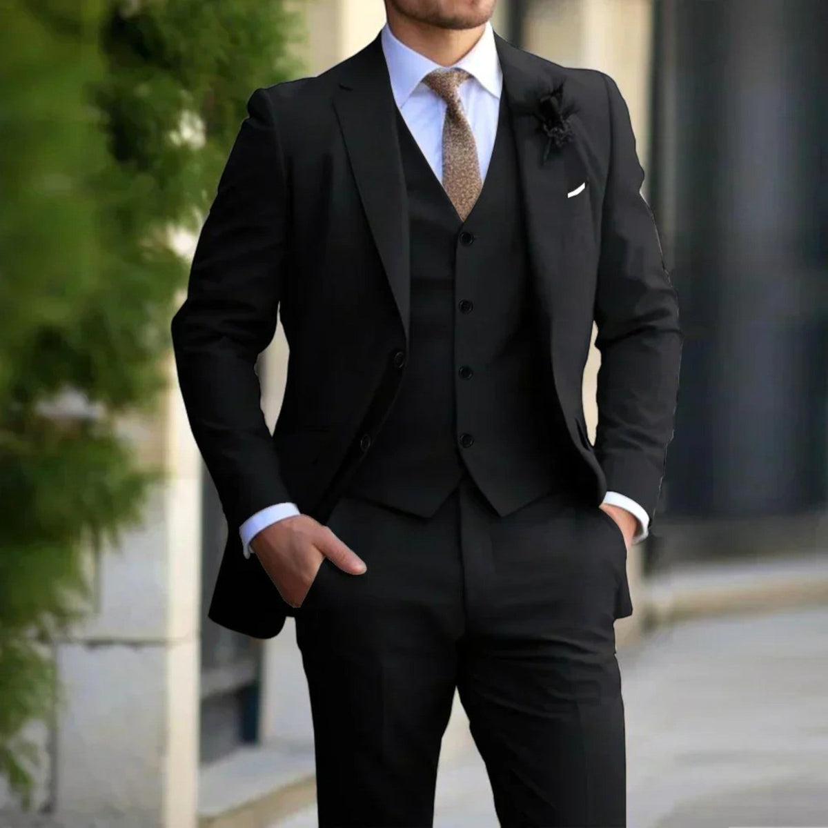 Anton | Men's Slim Fit Suit with Waistcoat, Three-Piece Suit | Bella Blue | Beige