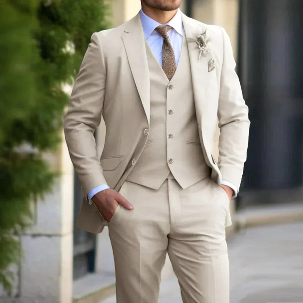 Anton | Men's Slim Fit Suit with Waistcoat, Three-Piece Suit | Bella Blue | Beige