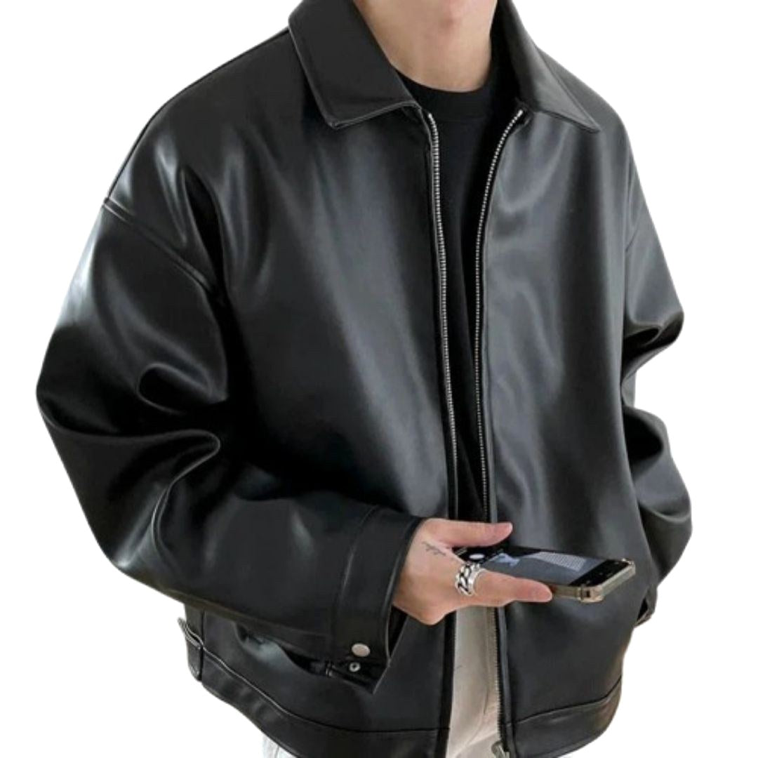 Archie | Men's Oversized Leather Bomber Jacket, Street Style Jacket | Bella Blue | Black