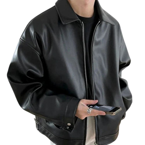 Archie | Men's Oversized Leather Bomber Jacket, Street Style Jacket | Bella Blue | Black