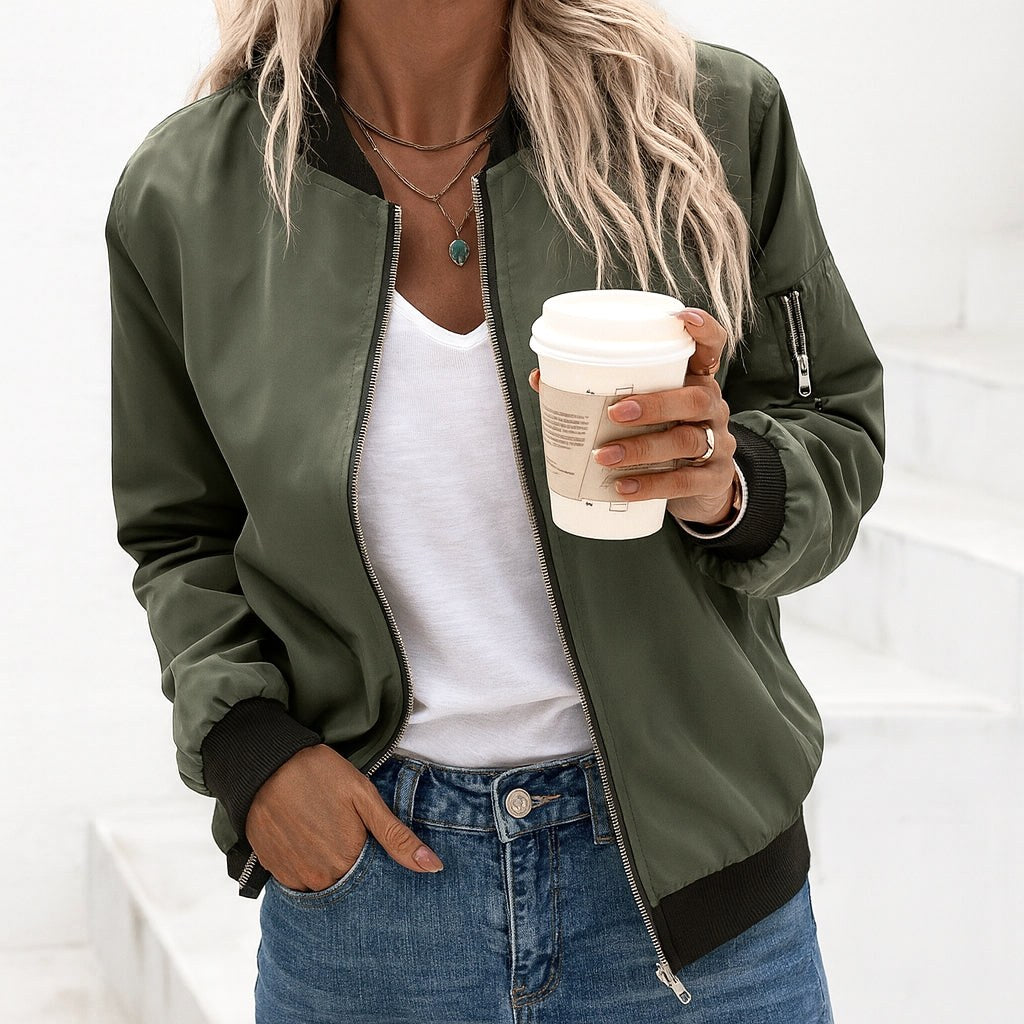Ariane | Women's Classic Zip Bomber Jacket, Streamlined Lightweight Jacket | Bella Blue | Army green